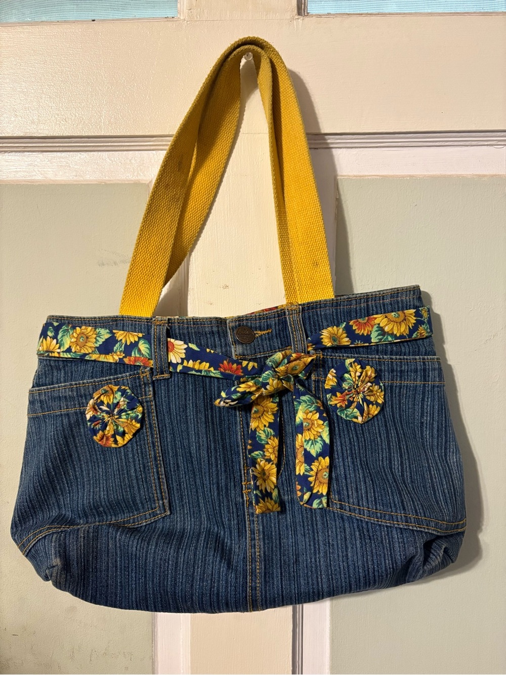 Sunflower-Trim Denim Tote with Yellow Handles